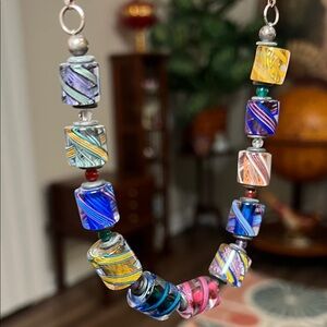 Vintage Artisan Murano Blown Art Glass Latticino Chunky Sterling Silver Necklace